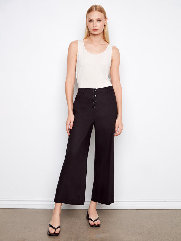Stretch Linen Wide Leg Button-Front Pants - Black