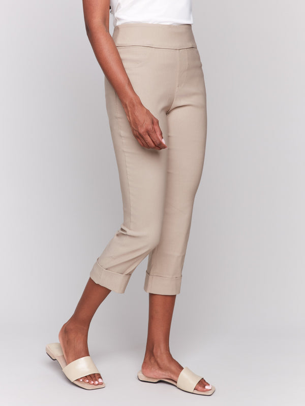 Pull-on design greige capri pants made with premium stretch fabric by Charlie B.
