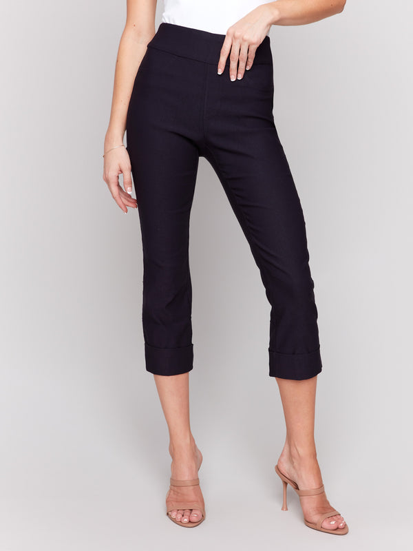 Fashion-forward slim-leg navy capris with a trendy touch by Charlie B.