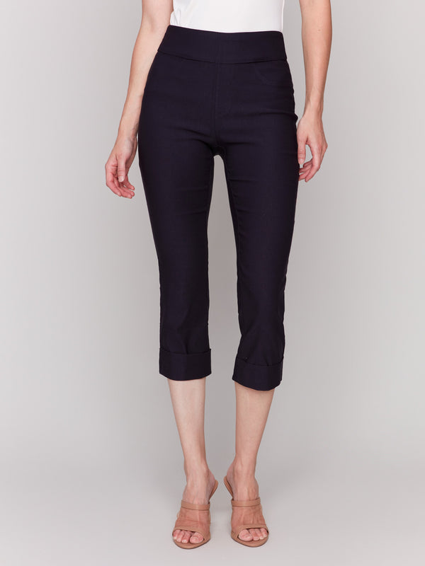 Chic pull-on capri pants in black with cropped length by Charlie B.