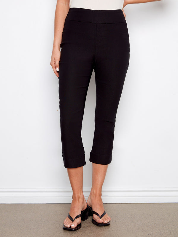 Stylish black pants featuring a regular rise and cuffed hem, crafted from stretch fabric by Charlie B.
