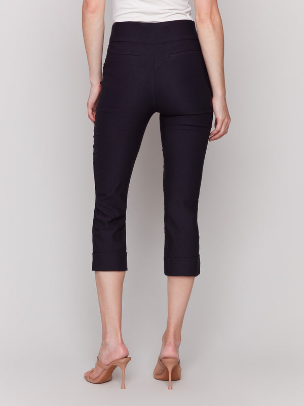 Stylish pull-on black capris crafted from stretch fabric by Charlie B.