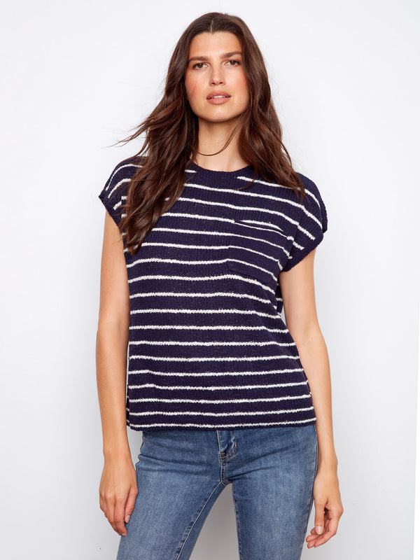 Striped Cap Sleeve Knit Top - Navy