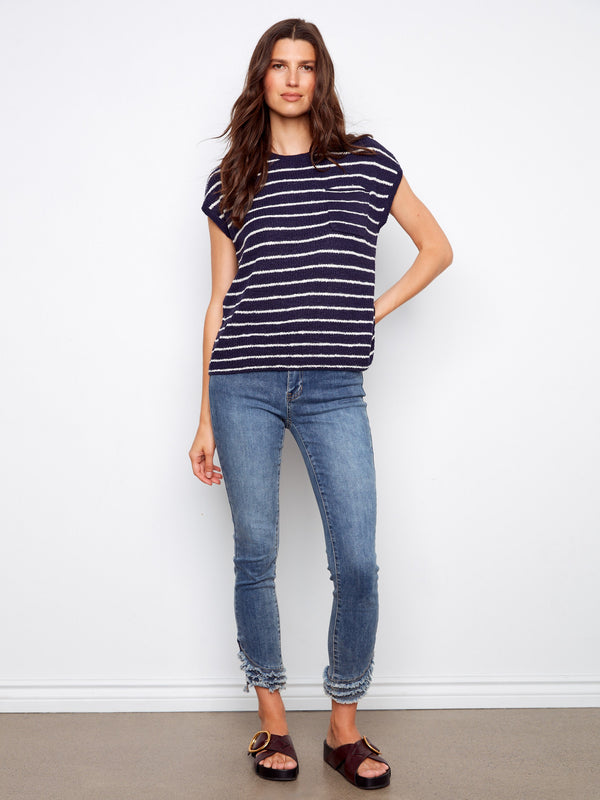 Striped Cap Sleeve Knit Top - Navy