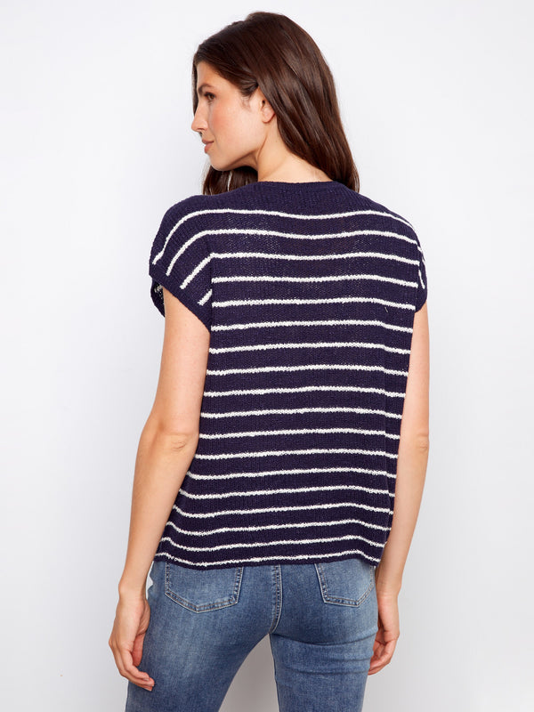 Striped Cap Sleeve Knit Top - Navy