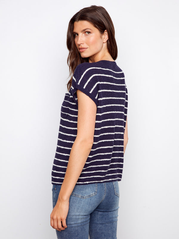 Striped Cap Sleeve Knit Top - Navy