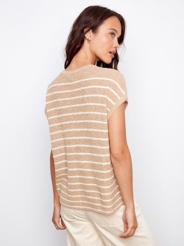 Elegant sand-colored striped knit top crafted from lightweight fabric, exuding style by Charlie B.