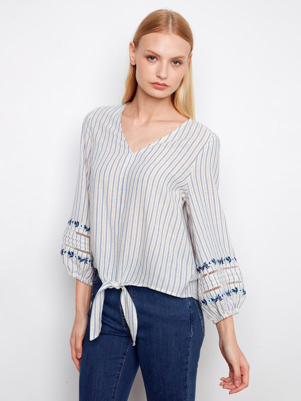 Striped Cotton Blouse With Embroidered Sleeves - Lapis
