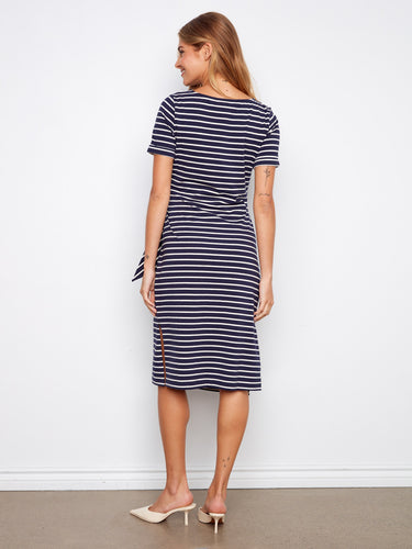 Mid-length navy striped dress offering a sophisticated yet casual vibe, perfect for any occasion by Charlie B.