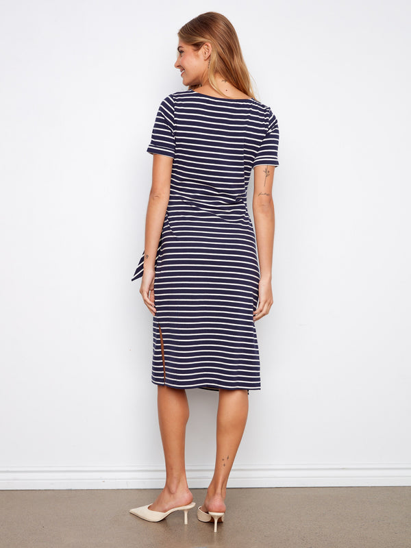 Striped Cotton Boat Neck Dress - Navy