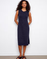Navy striped sweater dress featuring a crew neckline and crafted from 100% cotton for comfort and style by Charlie B.