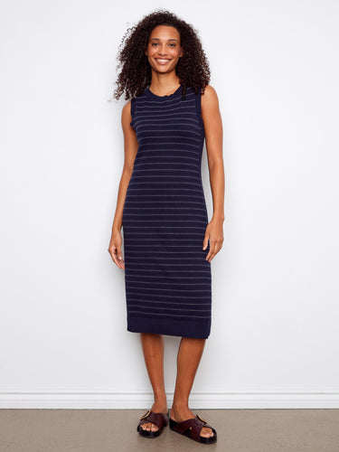 Stylish navy sleeveless sweater dress in midi length, perfect for versatile wear, crafted by Charlie B.