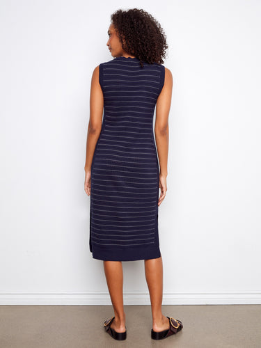 Comfortable navy striped sweater dress made of breathable 100% cotton fabric, showcasing timeless design by Charlie B.