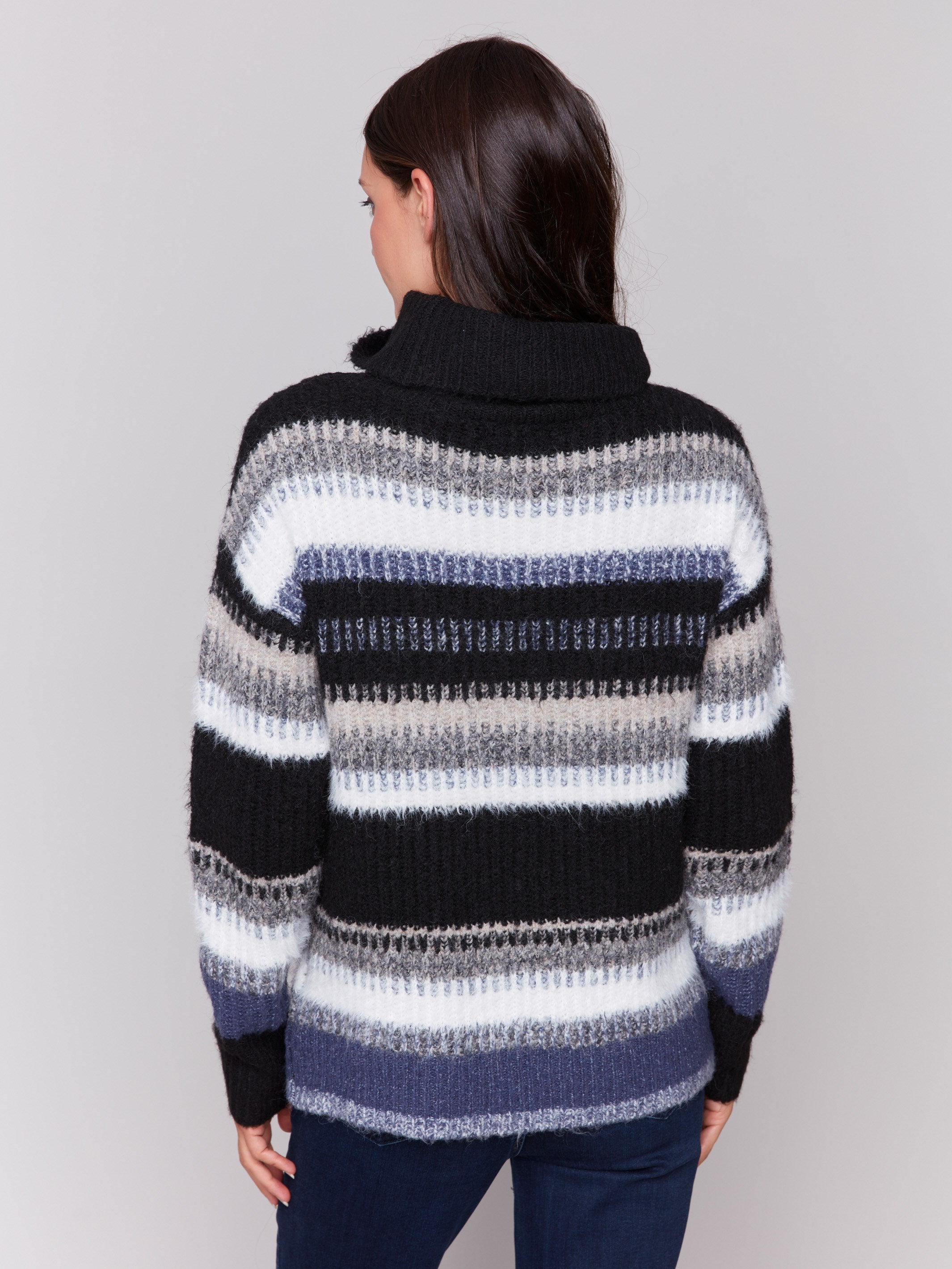 Women s Striped Cowl Neck Sweater Navy Charlie B CA