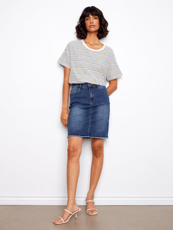 100% cotton striped t-shirt with delicate floral embroidery for a breezy style by Charlie B.