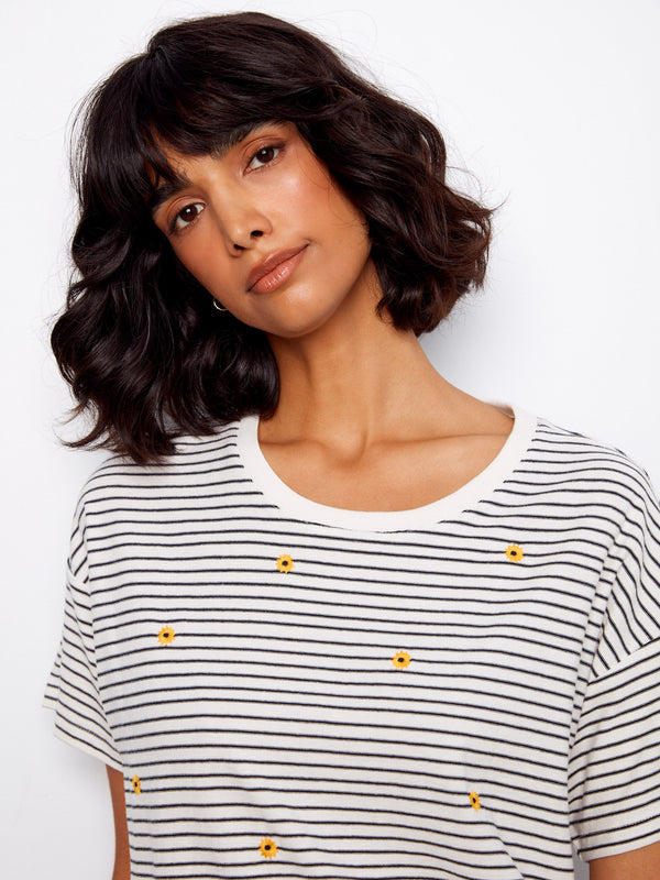 Chic striped t-shirt crafted from 100% cotton, highlighted with floral embroidery by Charlie B.