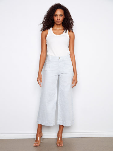 These stylish cropped length pants offer a modern twist on classic stripes in comfortable stretch twill fabric by Charlie B.