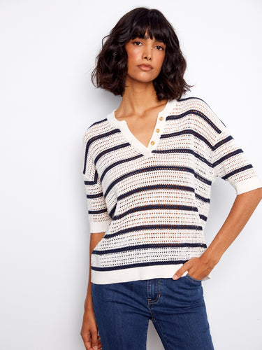 Elbow-length sleeves offer a casual yet refined style in this versatile striped top by Charlie B.