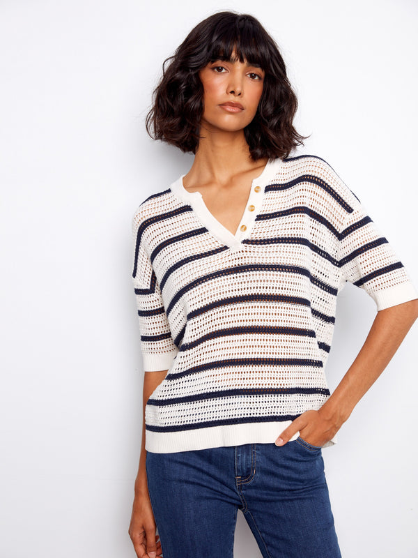 Striped Fishnet Crochet Cotton Top - Stripes