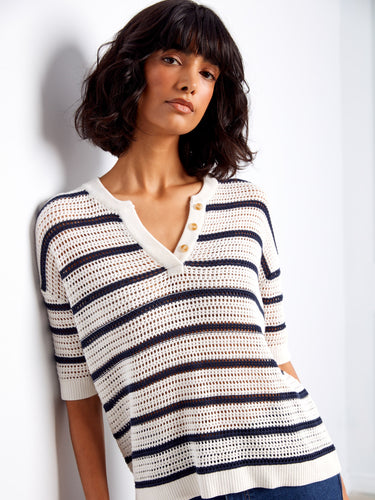 Placket detail adds sophistication to the striped crochet top, perfect for any occasion by Charlie B.