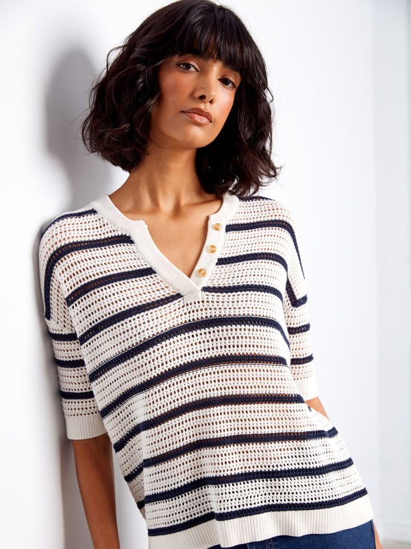 Striped Fishnet Crochet Cotton Top - Stripes