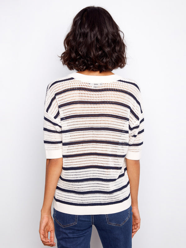 Striped Fishnet Crochet Cotton Top - Stripes