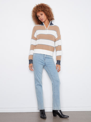 Relaxed fit striped sweater showcasing camel and white hues with ribbed detailing by Charlie B.