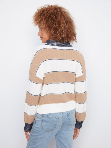Comfortable drop shoulder design on this ribbed knit striped sweater in camel and white by Charlie B.