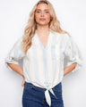 Shirt with a collared V-neckline, featuring a stylish front tie for added flair. Perfect for casual outings by Charlie B.
