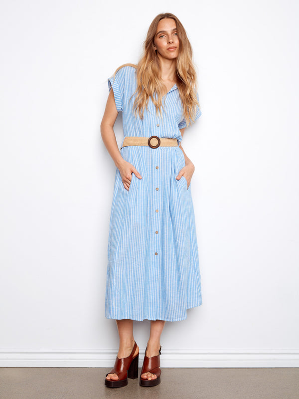 Blue striped dress featuring a shirt collar and straw waist belt, adding a classic touch to your wardrobe. By Charlie B.