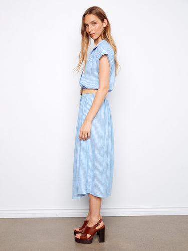 Sophisticated maxi length blue dress ideal for casual or formal settings. Created by Charlie B.