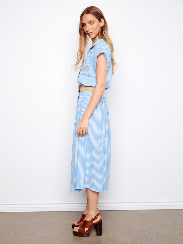 Sophisticated maxi length blue dress ideal for casual or formal settings. Created by Charlie B.