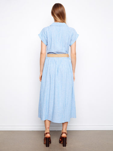 Charming blue striped dress showcasing a flattering silhouette and versatile design. By Charlie B.