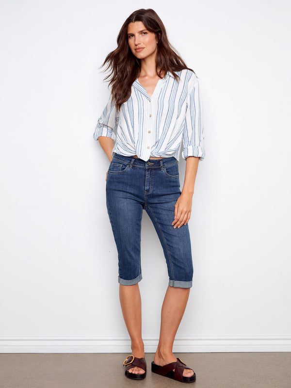 Striped Linen Blend Shirt With Front Twist - Denim