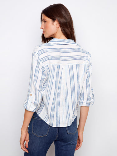 Roll-up sleeves with button tab offer adjustable comfort in this trendy striped shirt by Charlie B.