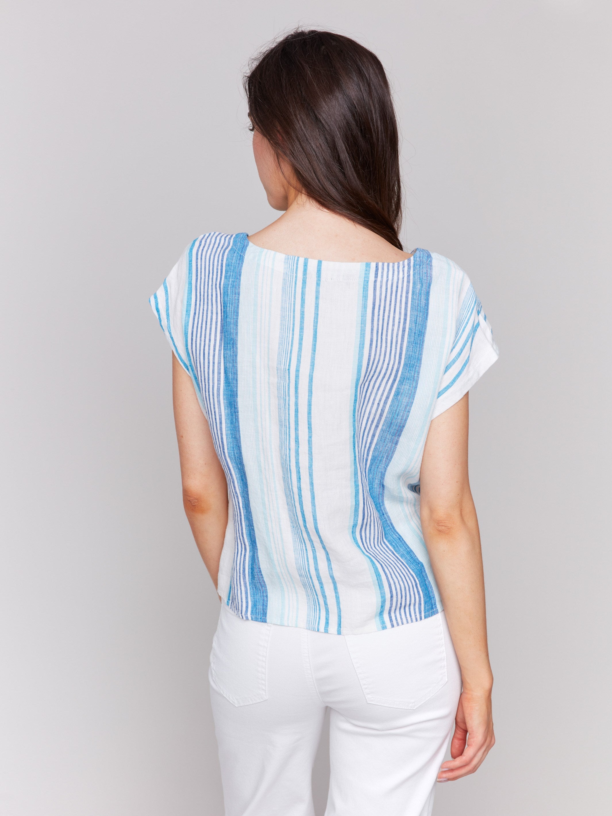 Elegant tie-front striped pattern for a modern look by Charlie B.