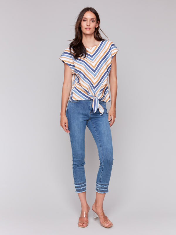 Denim-striped blouse with distinct cap sleeves by Charlie B.