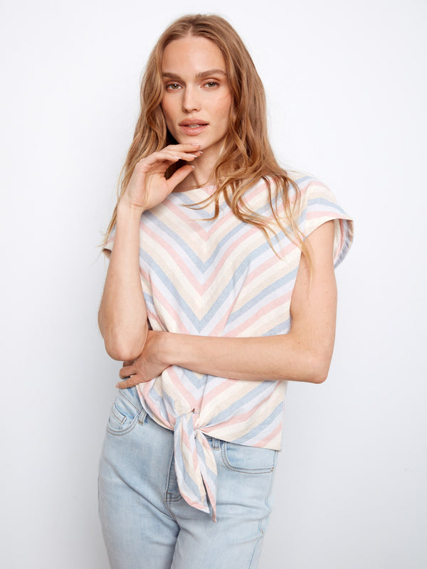 Striped Linen Blend Tie-Front Blouse - Boardwalk