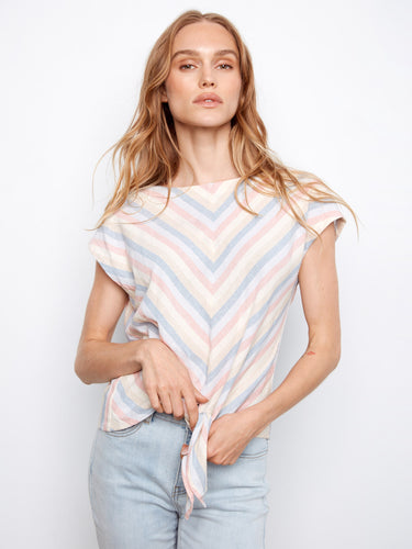 Stylish cap sleeve top in pastel stripes, offering comfort and flair for warm days. A versatile piece for your wardrobe by Charlie B.