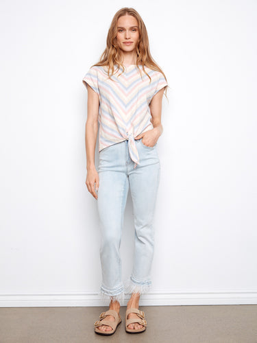 Comfortable and trendy striped top with boat neckline and hem tie detail. Perfect for relaxed weekends or casual events by Charlie B.