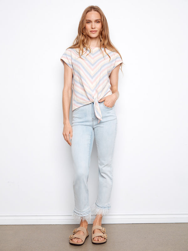 Striped Linen Blend Tie-Front Blouse - Boardwalk