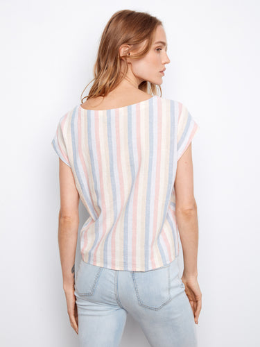Pastel-striped cap sleeve shirt that combines style and ease effortlessly. A must-have addition to your casual collection by Charlie B.
