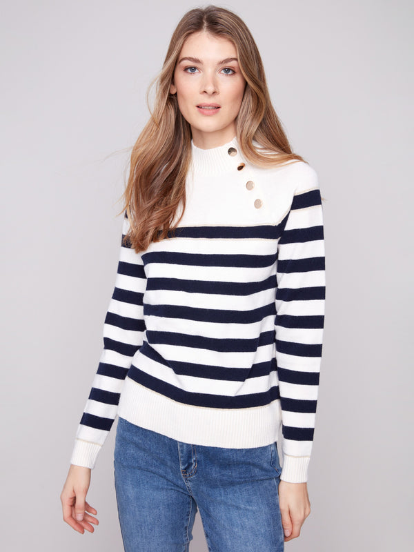 Striped sweater featuring a classic mock neck and stylish button details, perfect for any occasion by Charlie B.