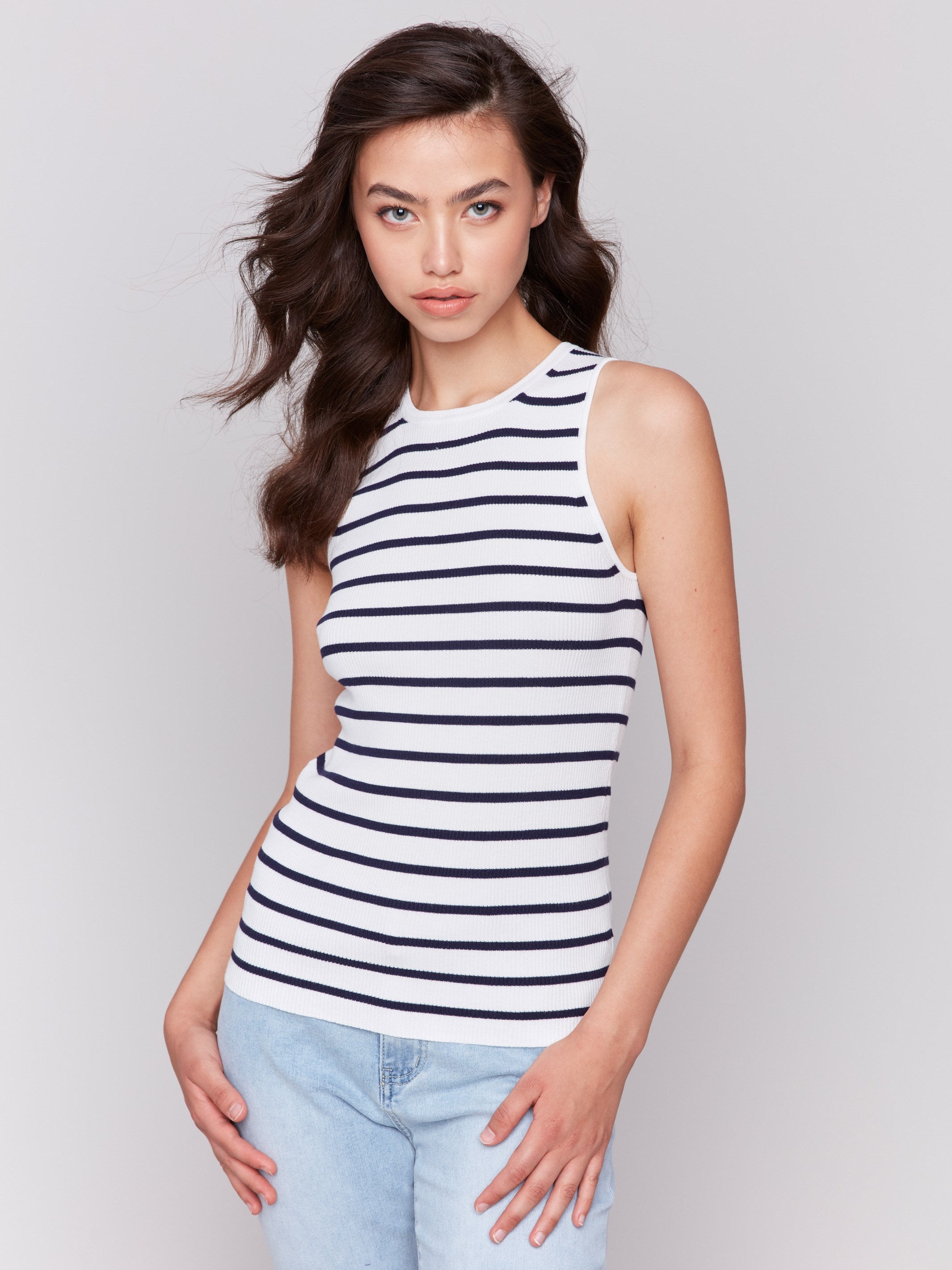 Navy striped sleeveless top with slim fit by Charlie B.