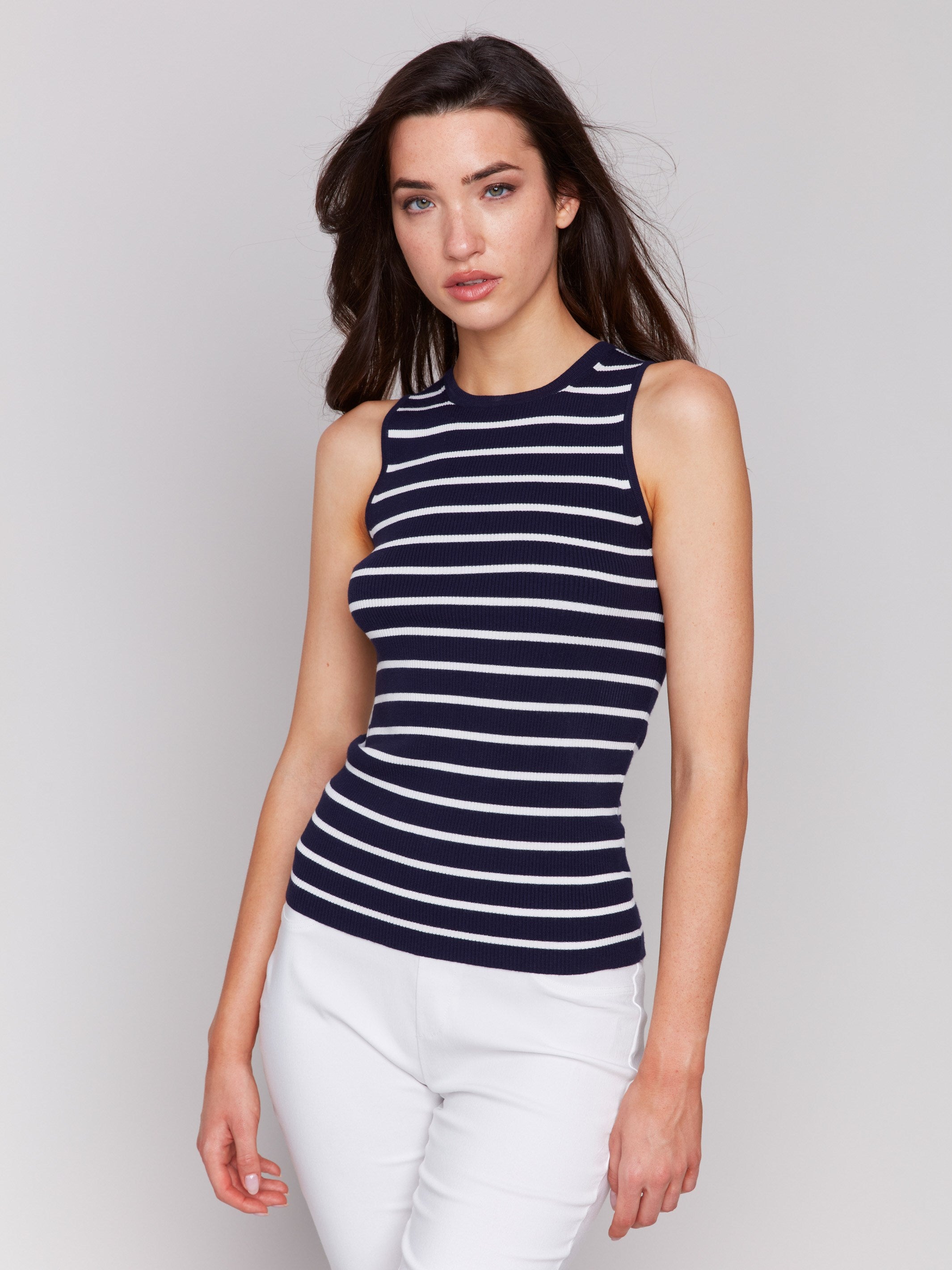 Slim fit navy and white rib knit top by Charlie B.