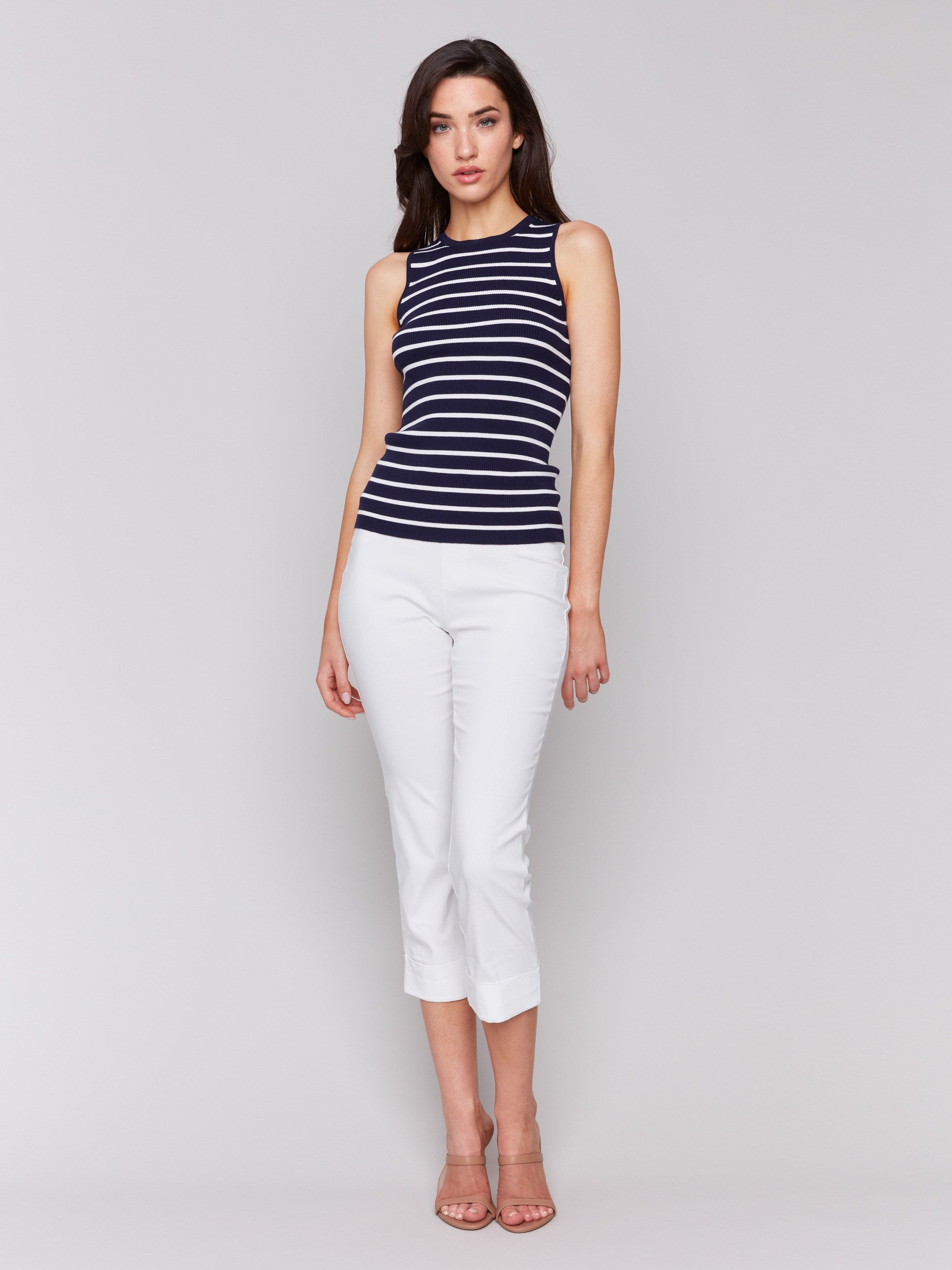 Striped pattern rib knit navy top by Charlie B.