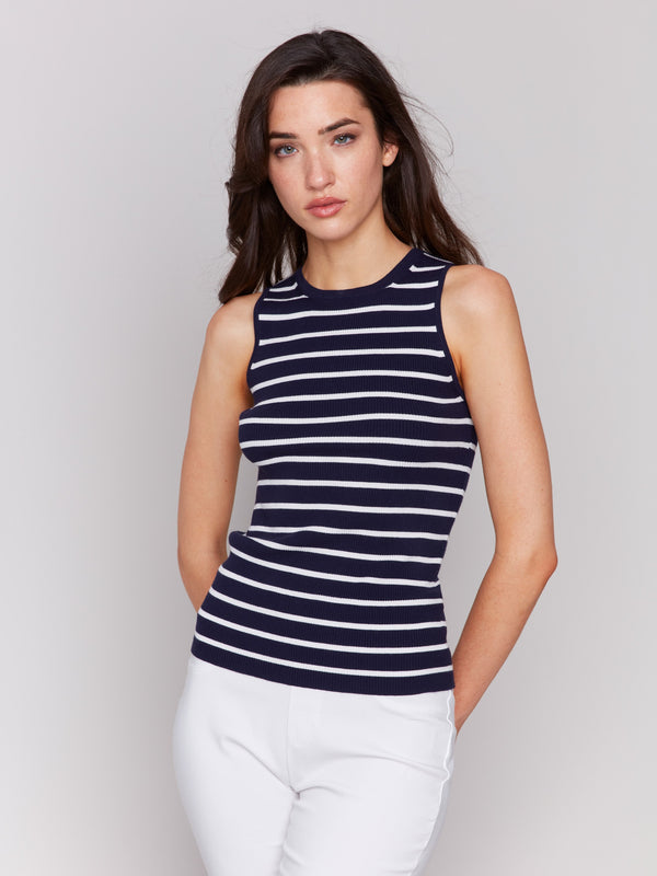 Navy rib knit sleeveless slim fit top by Charlie B.