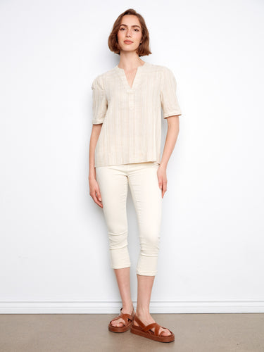 Cotton blend short sleeve blouse in light beige with elegant henley neckline by Charlie B.