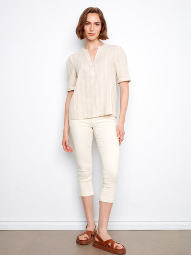 Chic short sleeve top in light beige with stylish henley neckline and cotton blend fabric by Charlie B.