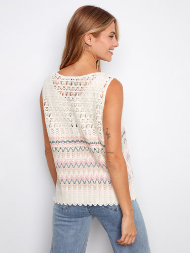 Stylish sleeveless crochet top with scalloped hem and subtle striped details for summer vibes by Charlie B.